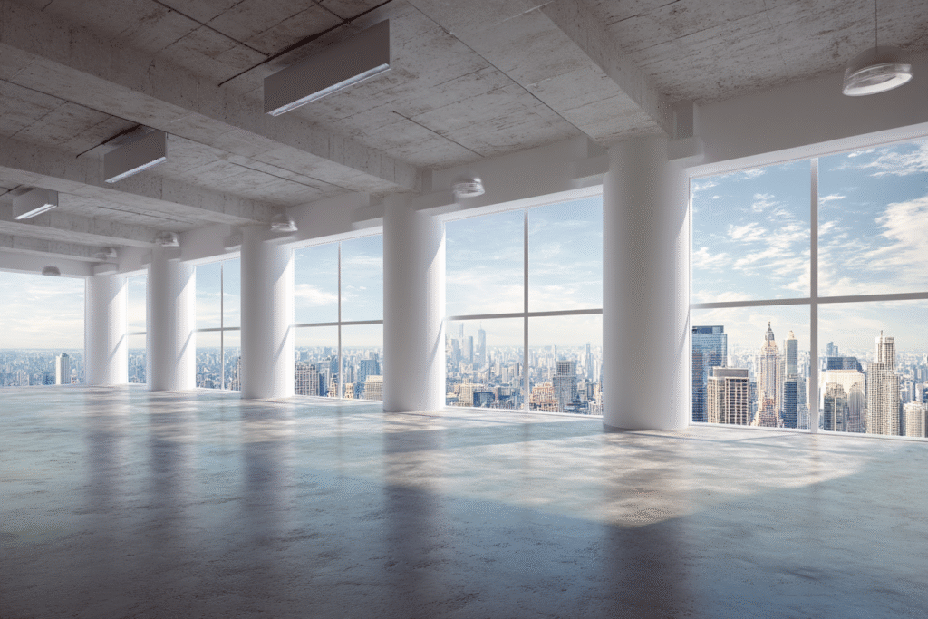 Ambiente comercial vazio com janelas amplas e vista da cidade