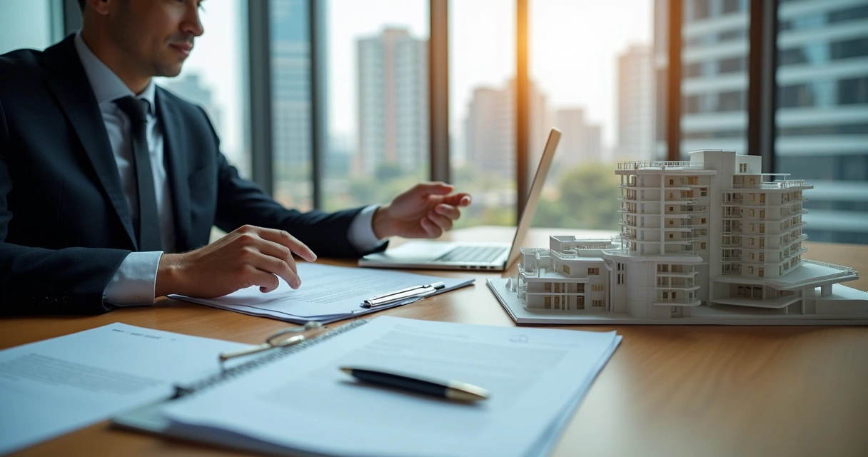 Advogado analisando documentos de due diligence imobiliária em frente a maquete de prédio
