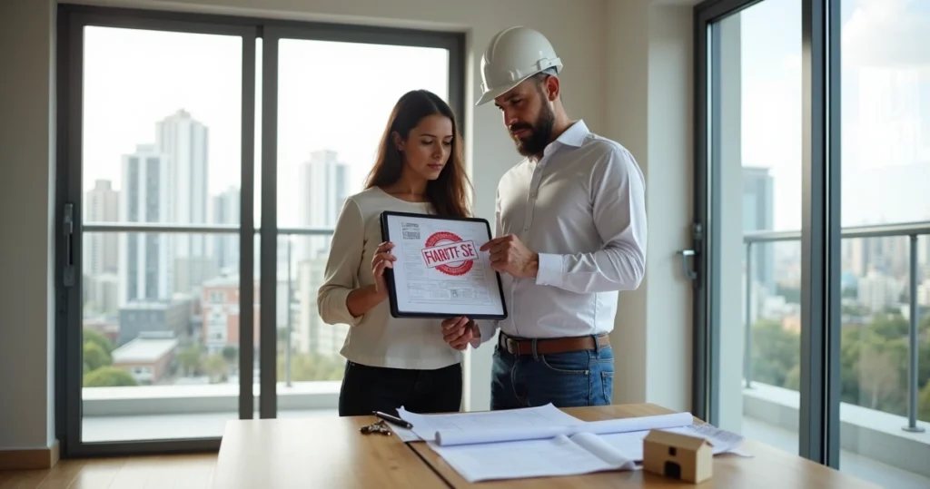 Engenheiro vistoriando apartamento novo com planta e carimbo de habite-se